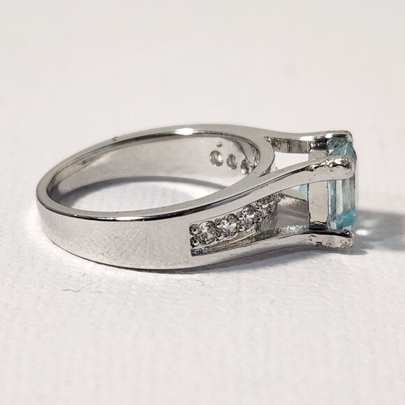 VTG 18K 925 Natural Square Princess Cut Swiss Blue Clean Thick Band Ring Sz 5 - Picture 3 of 16